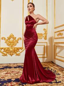 One Shoulder Cut Out Mermaid Hem Satin Formal Dress - Burgundy - View 5