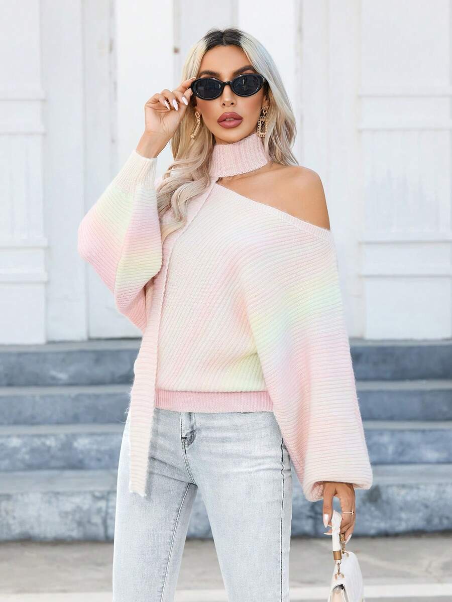SHEIN Privé 女士渐变色不对称领毛衣 - 粉色 - 查看 1