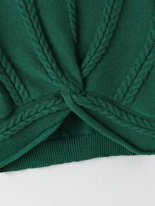 SHEIN 年轻女孩简约扭花花朵细节不对称下摆毛衣 - 綠色 - 查看 3