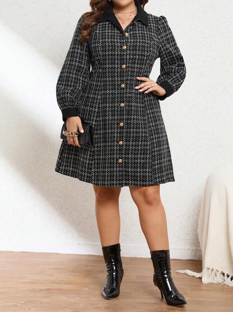 SHEIN Clasi Talla grande Vestido camisero con estampado de cuadros de manga farol - Blanco y Negro - Añade 3