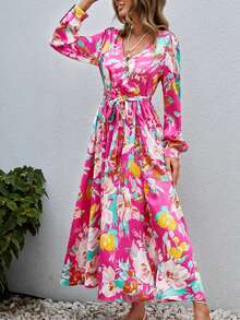 SHEIN VCAY Floral Print Split Thigh Belted Dress - Hot Pink - View 3