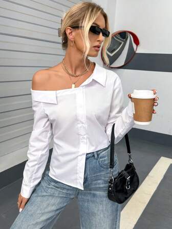 Siren Gaze Button Down Blouse Navy Blue Shirt Off The Shoulder Shirt Teacher Shirt Long Sleeve Shirt Light Blue Shirt Fall Shirts Back To School Shirts Collared Women Shirt Women's Striped Open Shoulder Buttoned Shirt,Long Sleeve Tops