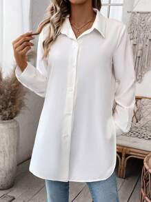 Calvaya Solid Button Front Shirt,Long Sleeve Tops Fall Cloth For Women - White - View 4