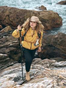 In My Nature Letter Graphic Contrast Binding Hooded Softshell Jacket - Yellow - View 4