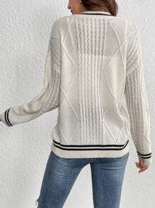 SHEIN LUNE Của phụ nữ Khối màu Sọc Cắt tỉa Thả vai Nút phía trước Áo len Mở - Màu be - Xem 2