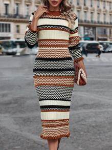 SHEIN Essnce Chevron & Hoa văn sọc Lá sen tỉa Đầm Áo len - Nhiều màu - Xem 3