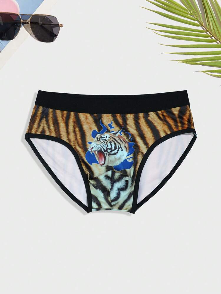 Men's Tiger Pattern Printed Colorblock Triangle Underwear With Contrast Trim