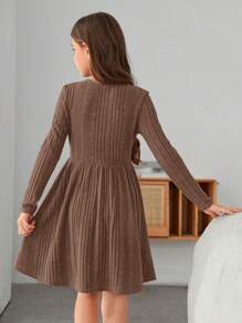 SHEIN Chica preadolescente Vestido con solapa con botón delantero tejido de canalé - Marrón Mocha - Ver 2