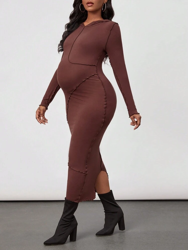 Maternity Solid Color Hooded Bodycon Dress