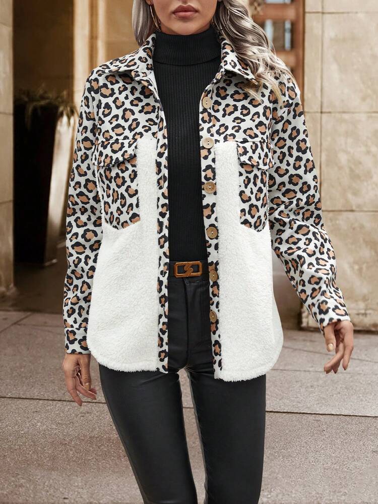 Contrast Leopard Print Flap Pocket Drop Shoulder Teddy Coat Fall Cloth For Women