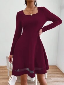 EURMUSE Mesh Detail Long Sleeve Dress - Maroon - View 3