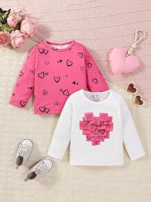 SHEIN 2 件/套女嬰休閒愛心圖案上衣適合日常穿著 - 粉色 - 查看 1