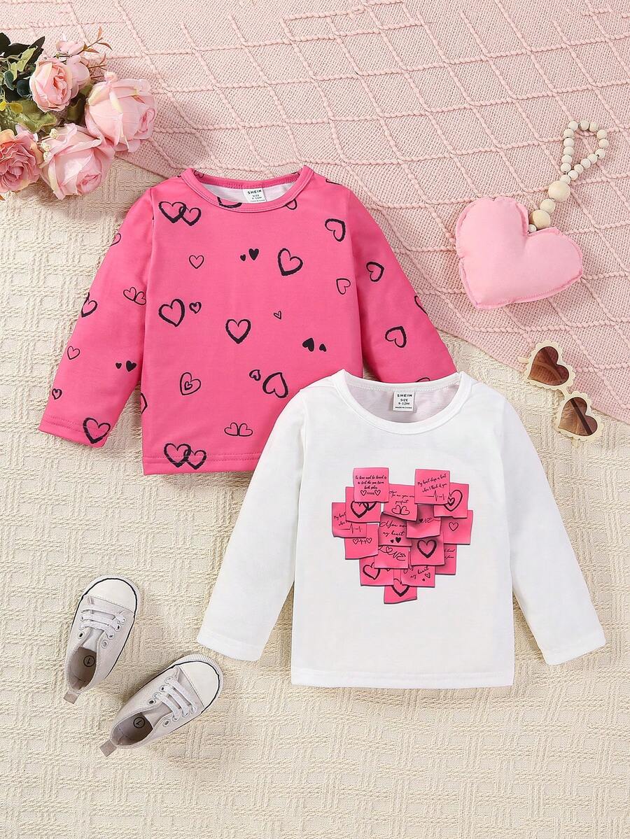 SHEIN 2 件/套女嬰休閒愛心圖案上衣適合日常穿著 - 粉色 - 查看 1