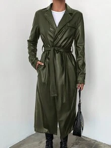 EURMUSE 西裝領腰帶風衣外套 - 綠色 - 查看 4