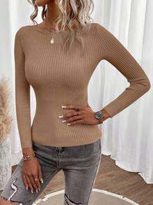 EURMUSE Solid Boat Neck Ribbed Knit Sweater - Mocha Brown - View 5