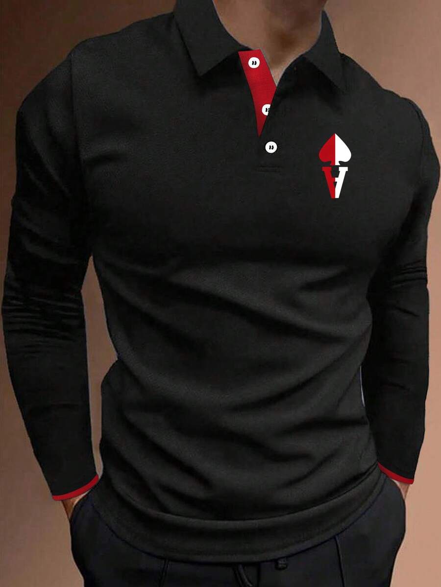 Manfinity Homme Men's Loose Fit Polo Shirt With Playing Card Print - Black - View 1