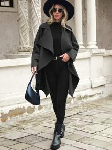 SHEIN LUNE Nút phía trước Viền không đối xứng Áo khoác Trench - màu đen - Xem 6