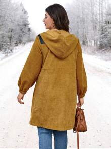 大碼拼接PU皮革腰部抽繩拉鏈開襟連帽外套 - 芥末黃 - 查看 2