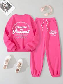 SHEIN EZwear 標語圖案加絨內裏運動衫&腰部抽繩衛褲 - 玫紅色 - 查看 1