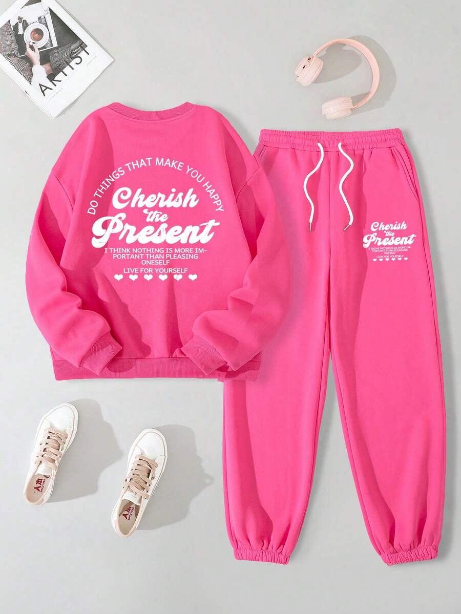 SHEIN EZwear 標語圖案加絨內裏運動衫&腰部抽繩衛褲 - 玫紅色 - 查看 1