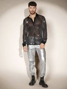 FeverCity 男士金屬亮絲透視網紗襯衫 - 黑色 - 查看 3