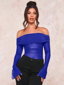 SHEIN BAE Gấp lại Off Shoulder Xù Lưới Áo - Xanh đậm - Xem 6