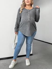 Plussiva 孕婦大碼前鈕扣寬鬆T恤帶落肩袖設計 - 灰色 - 查看 4