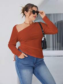 SHEIN Essnce Plus Asymmetrical Neck Drawstring Side Tee - Rust Brown - View 3