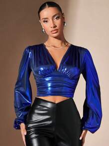 SHEIN BAE V領燈籠袖褶邊短款上衣 - 寶藍色 - 查看 6