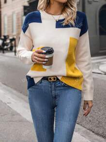 Suéter de bloques de color con hombros caídos, suéteres holgados de manga larga multicolor con hombros caídos para mujeres, blusas de manga larga