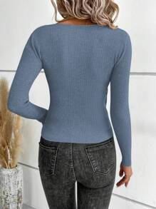 EURMUSE Women's V-neck Cross-wrap Ribbed Pit Sweater - Blue - View 2