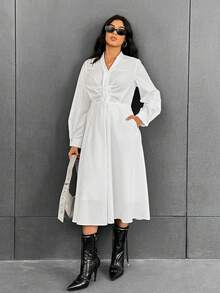 SHEIN Essnce 前收褶燈籠袖洋裝 - 白色 - 查看 5