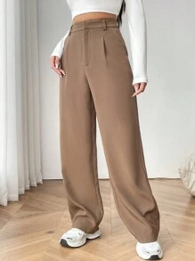 SHEIN EZwear 拼接細節闊腿西裝褲 - 摩卡棕 - 查看 5