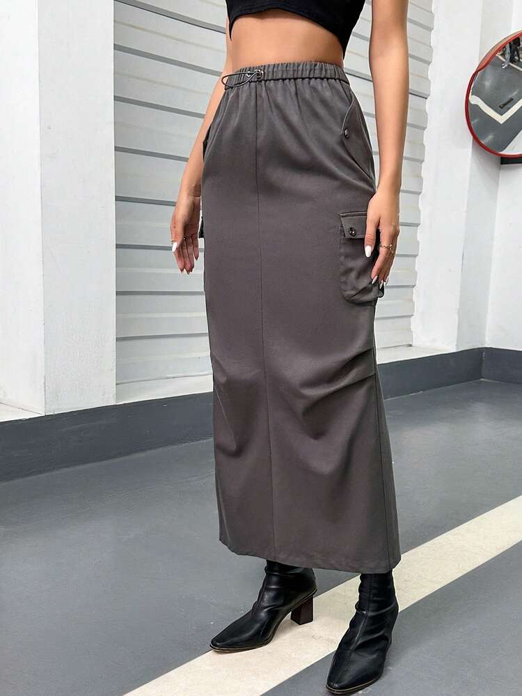 Drawstring Waist Flap Pocket Side Cargo Skirt