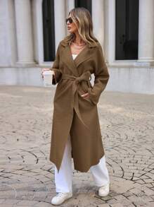 EURMUSE Manteau En Laine Ceinturé De Couleur Unie Pour Femme, Épaules Basses Et Col De Costume - Tabac - Voir 6