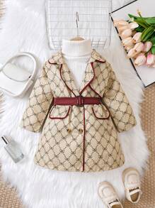 Baby Girl 1pc Allover Print Contrast Binding Double Breasted Belted Coat - Multicolor - View 1
