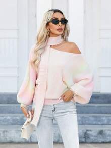 SHEIN Privé 女士渐变色不对称领毛衣 - 粉色 - 查看 6