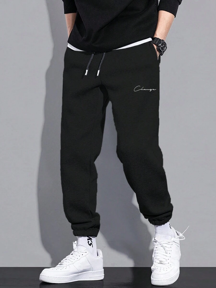 RueChic Men's Casual Versatile Letter Print Drawstring Waist Sweatpants - Black - View 1