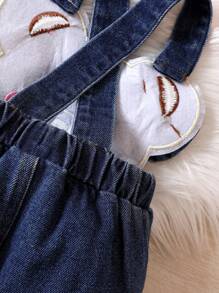Baby Girl Cartoon Bear Embroidery Ripped Flare Leg Overalls - Blue - View 4