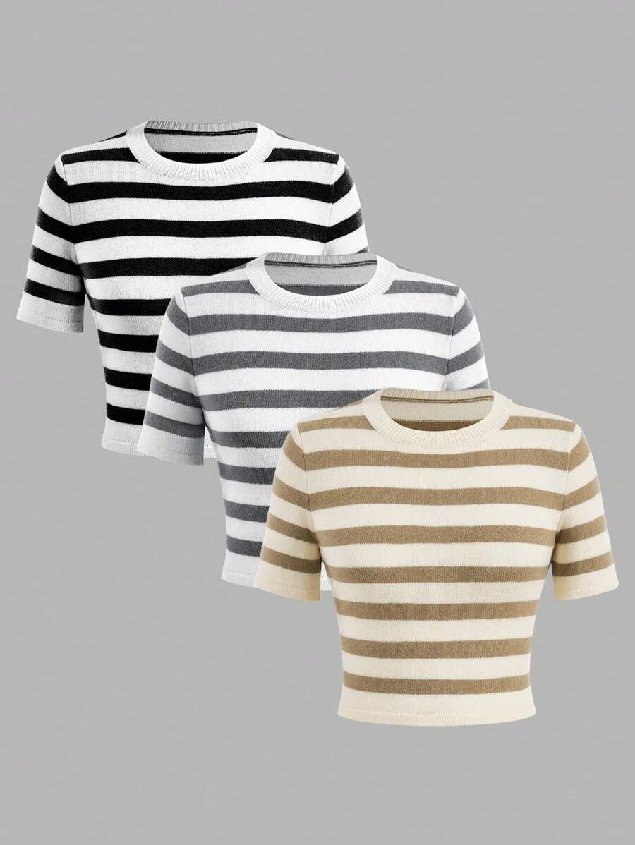 SHEIN Essnce 3pcs Mẫu sọc Áo len Crop - Nhiều màu - Xem 1