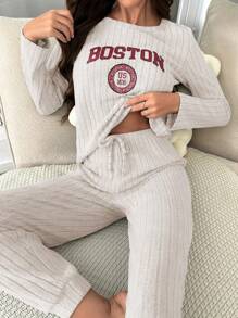 Letter Graphic Tee & Tie Front Pants Lounge Set - Apricot - View 1