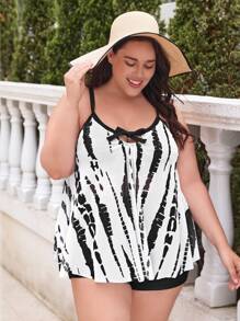 SHEIN Swim Curve 加肥款染色系結前短款泳衣上衣 - 黑與白 - 查看 1