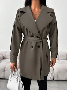 EURMUSE Trench Maxi Culoare Solidă De Damă, Cu Reve, Închidere Dublu Piept Și Curea În Talie
