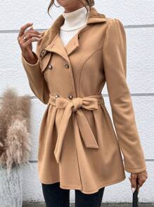 SHEIN LUNE 女雙排扣束帶羊毛夾克 - 卡其色 - 查看 6