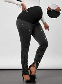 SHEIN Thai sản Vòng eo có thể điều chỉnh Xù Viền chia cắt Long lanh Xà cạp - màu đen - Xem 1