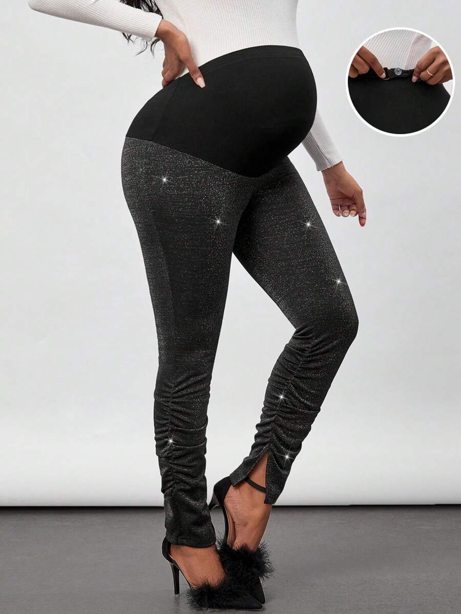 SHEIN Thai sản Vòng eo có thể điều chỉnh Xù Viền chia cắt Long lanh Xà cạp - màu đen - Xem 1