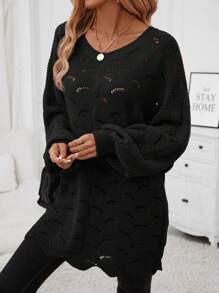 SHEIN Clasi Women's Hollow Out Knit Drop Shoulder Sweater - Black - View 6