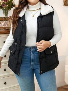 Calvaya Talla grande Abrigo chaleco acolchado de cintura con cordón con bolsillo con solapa - Negro - Ver 4