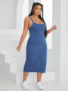 SHEIN EZwear Plus Size Frayed Edge Split Denim Dress With Shoulder Straps - Medium Wash - View 3