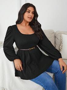 SHEIN Frenchy 大碼燈籠袖荷葉邊下擺T恤不附腰帶 - 黑色 - 查看 5